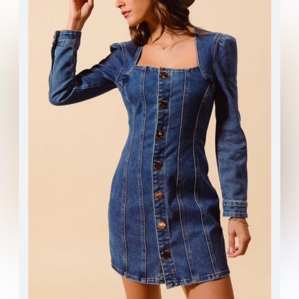HOUSE OF HARLOW 1960 Denim Mini Dress Square Neck Long Sleeve- Size 2